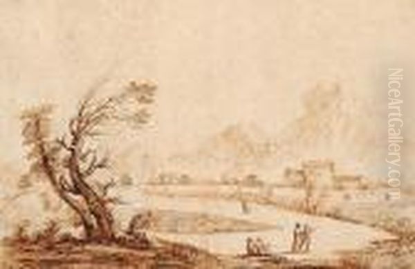 An Italianate River Landscape 
With Figures Resting Beneath A Tree; And An Italianate Landscape With 
Elegant Figures On A Country Path. Oil Painting by Giovanni Francesco Barbieri