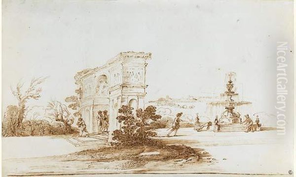 Paysage A L'arc De Triomphe Et A La Fontaine Oil Painting by Giovanni Francesco Barbieri