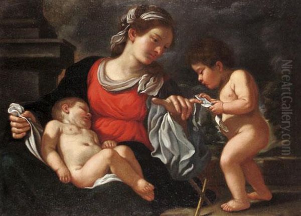 Maria Az Alvo Gyermek Jezussal Es Keresztelo Szent Janossal Oil Painting by Giovanni Francesco Barbieri