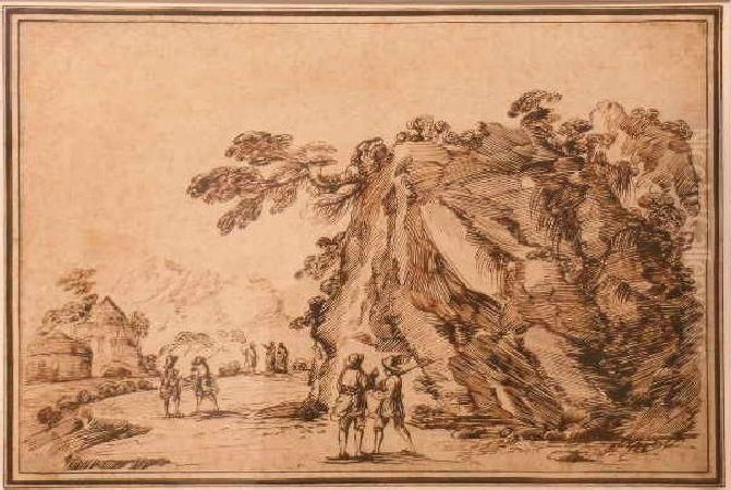Figures In A Landscape With A Huge Boulder Oil Painting by Giovanni Francesco Barbieri