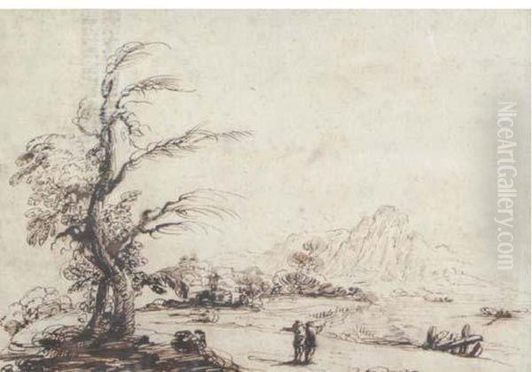 An Extensive Landscape With Figures Surveying Oil Painting by Giovanni Francesco Barbieri