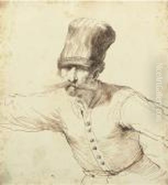 Caricature D'un Homme Portant Une Toque Et Une Moustache, A Mi-corps Oil Painting by Giovanni Francesco Barbieri