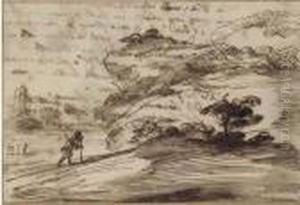 A Traveller In An Extensive Landscape Oil Painting by Giovanni Francesco Barbieri