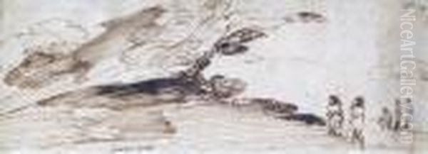 A Landscape With Trees, A Hill And Figures In The Foreground Oil Painting by Giovanni Francesco Barbieri