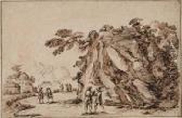 Landscape With A Rocky Outcropping And Soldiers Oil Painting by Giovanni Francesco Barbieri