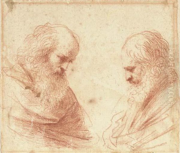 Two Bearded Men, Bust-length, Looking Down Oil Painting by Giovanni Francesco Barbieri