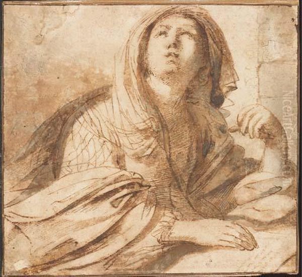 A Seated Sybil Looking Up To The Left, Half-length, Resting Herhand On A Book Oil Painting by Giovanni Francesco Barbieri
