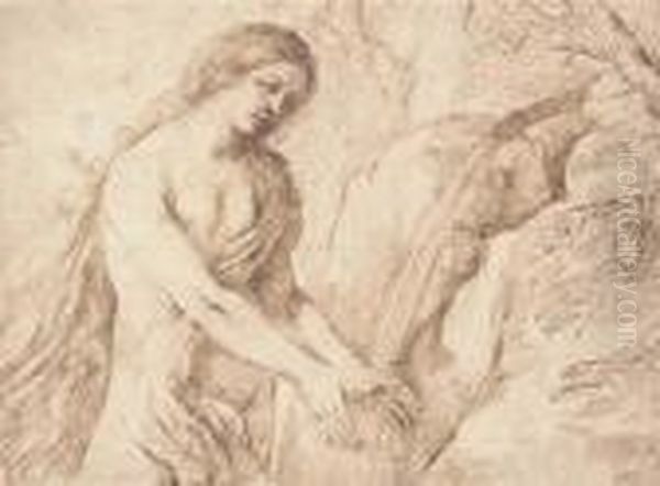 Marie-madeleine Se Lavant Les Mains A Une Source Oil Painting by Giovanni Francesco Barbieri
