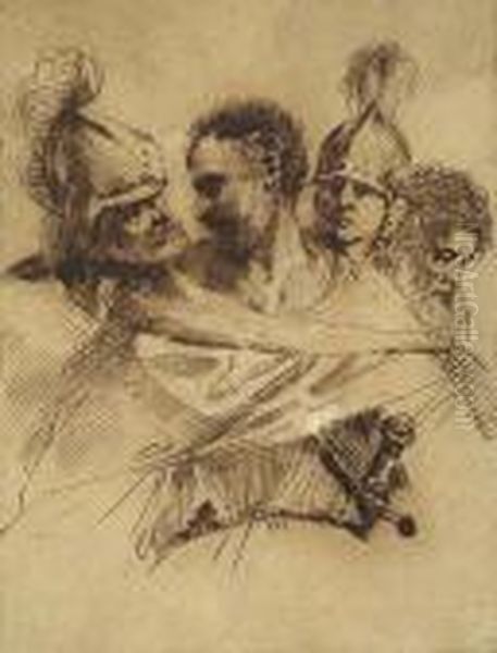 Studies Of Four Men's Heads: Two Soldiers And Two Beardedmen Oil Painting by Giovanni Francesco Barbieri