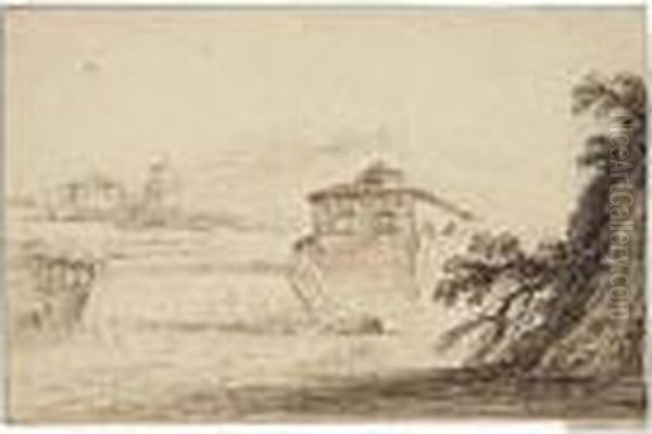 Landscape With A House By A Lake And A Waterfall Oil Painting by Giovanni Francesco Barbieri