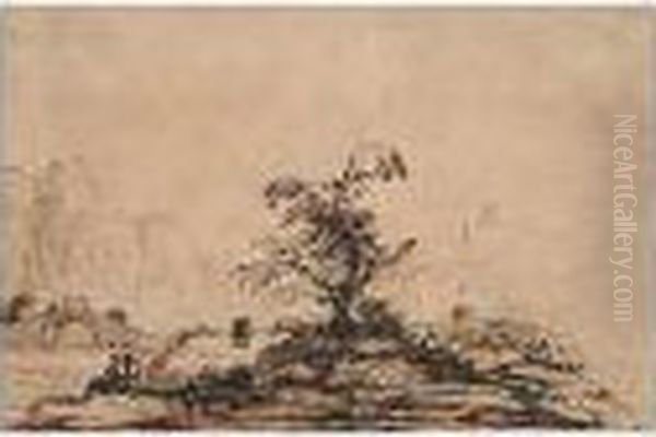 Landscape With Travelers And Mountains In A Distance Oil Painting by Giovanni Francesco Barbieri