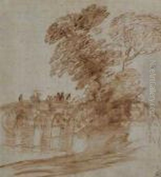 Landscape With Figures On A Bridge Oil Painting by Giovanni Francesco Barbieri