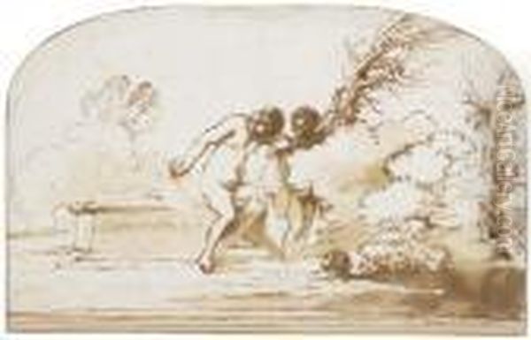 Deux Baigneuses Pres D'un Sarcophage Romain, L'une Essayant L'eau,une Troisieme Nageant Oil Painting by Giovanni Francesco Barbieri