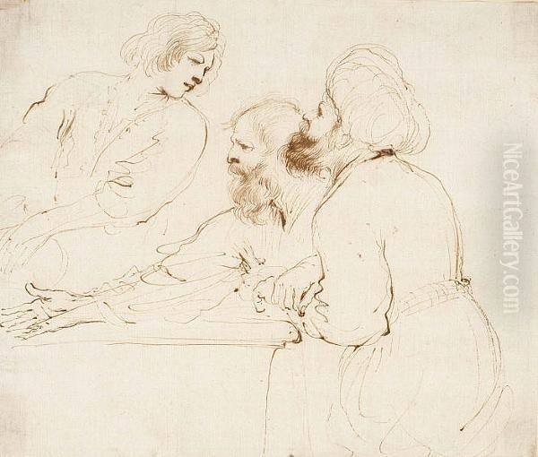 Three Half-length Figures: A Seated Oriental, Another Male Figure And A Youth Oil Painting by Giovanni Francesco Barbieri