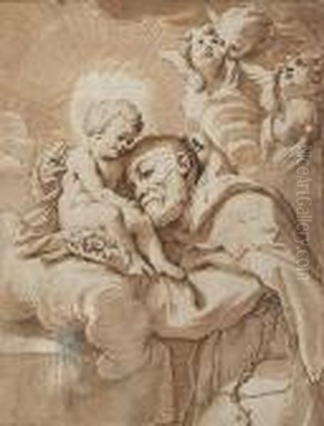 Capucin Monk Adoring The Christ Child, Four Cherubim Above Oil Painting by Giovanni Francesco Barbieri