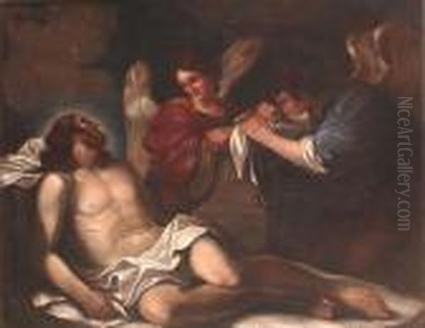 The Dead Christ Mourned By Two Angels Oil Painting by Giovanni Francesco Barbieri