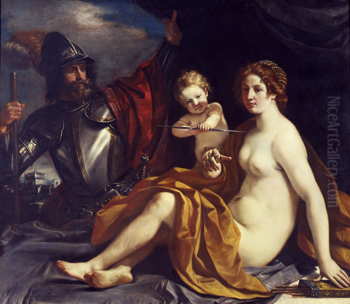 Mars, Venus And Cupid Oil Painting by Giovanni Francesco Barbieri