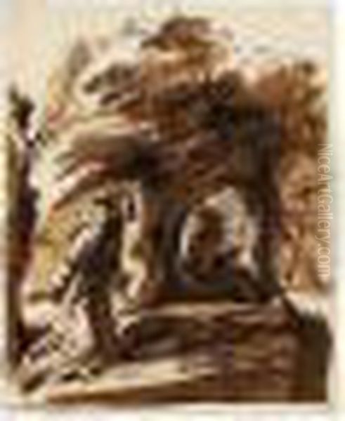 St. Francis Kneeling In A Landscape Contemplating A Crucifix Oil Painting by Giovanni Francesco Barbieri