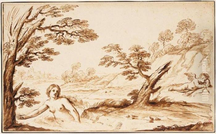 Venus Bathing In A River And Cupid Ashore Resting Oil Painting by Giovanni Francesco Barbieri