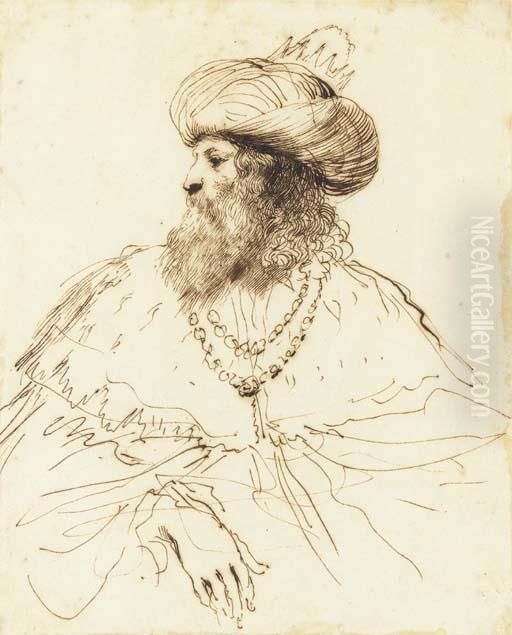 Ahasuerus Looking To The Left, Bust-length Oil Painting by Giovanni Francesco Barbieri