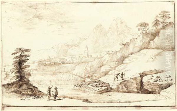 An Extensive Mountainous Landscape With Travellers Oil Painting by Giovanni Francesco Barbieri
