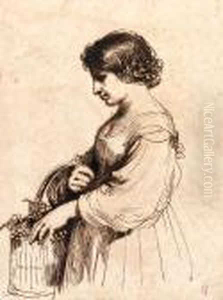A Young Girl Holding A Basket Of Grapes Oil Painting by Giovanni Francesco Barbieri