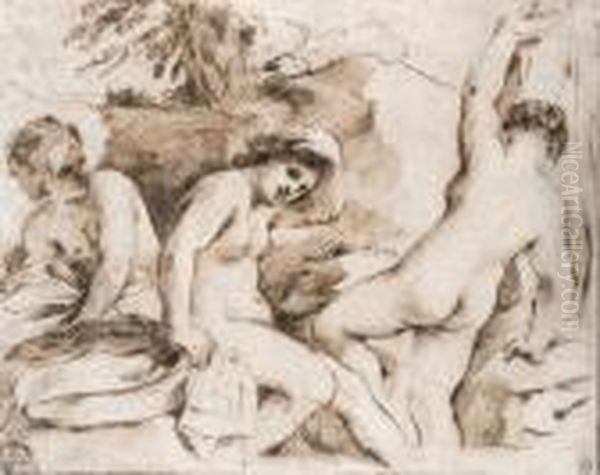 Three Nymphs Bathing In A Mountain Pool Oil Painting by Giovanni Francesco Barbieri