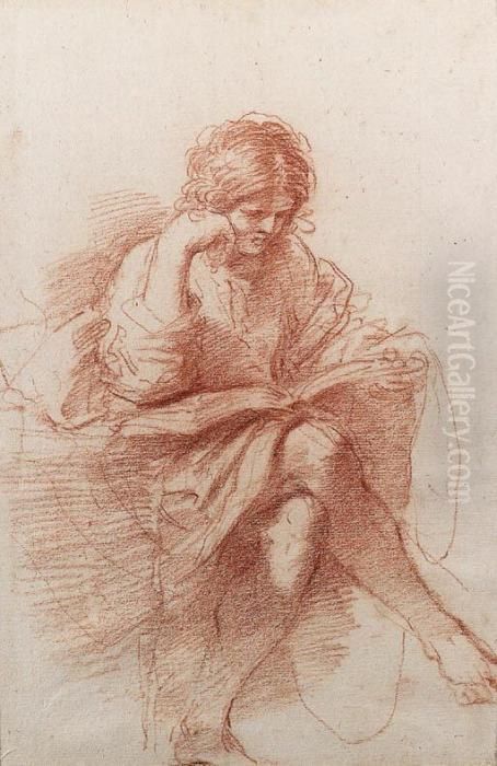 A Seated Youth Reading, His Head Resting On His Right Hand Oil Painting by Giovanni Francesco Barbieri