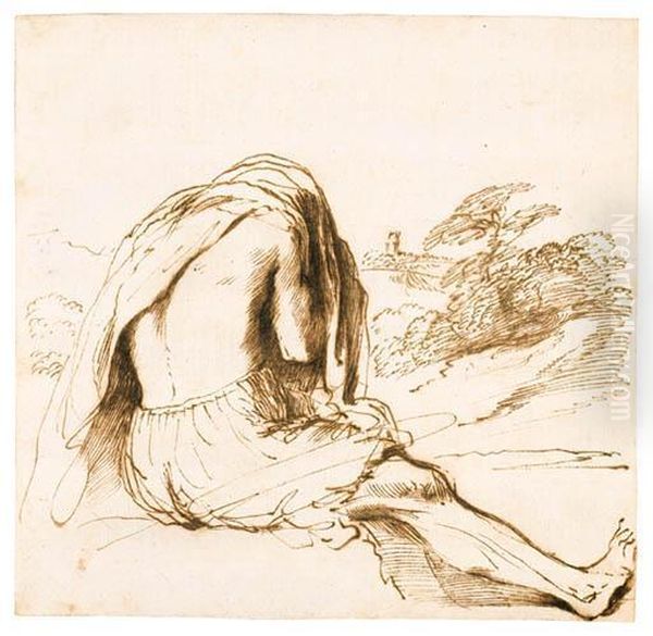 Barbieri, G.f.
A Bather Seated On A River Bank, Pulling Off His Shirt
Pen And Brown Ink, Minor Ink Gall Damages Repaired, Watermarkencircled Calvary Under P Oil Painting by Giovanni Francesco Barbieri