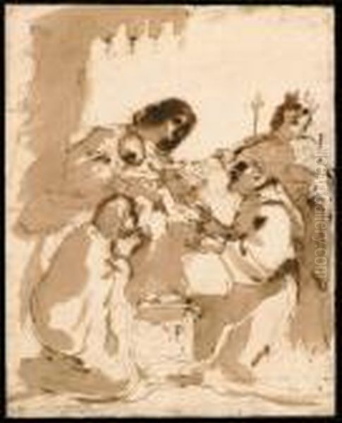 The Madonna And Child With Saintsfrancis, Saint Louis Of Toulouseand Saint Catherine (?) Oil Painting by Giovanni Francesco Barbieri