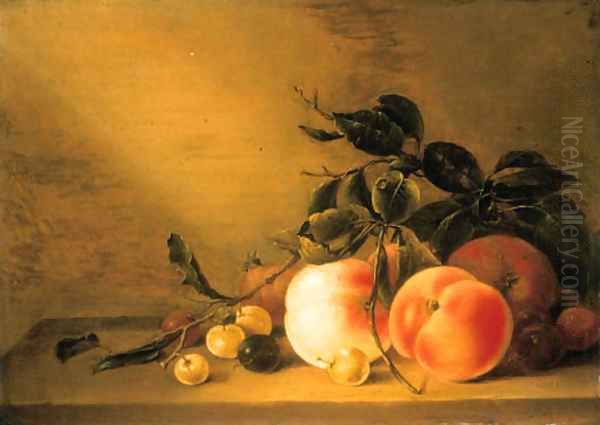 Peaches and other fruit an apple, an apricot, plums and cherries Oil Painting by Jacob Matham