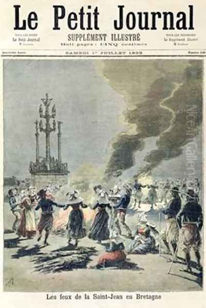 Bonfires lit to celebrate the summer solstice in Brittany front cover of Le Petit Journal 1st July 1893 Oil Painting by Fortune Louis Meaulle