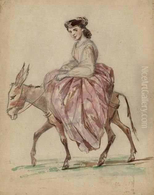 Junge Frau, Auf Einem Esel Reitend Oil Painting by Constantin Guys