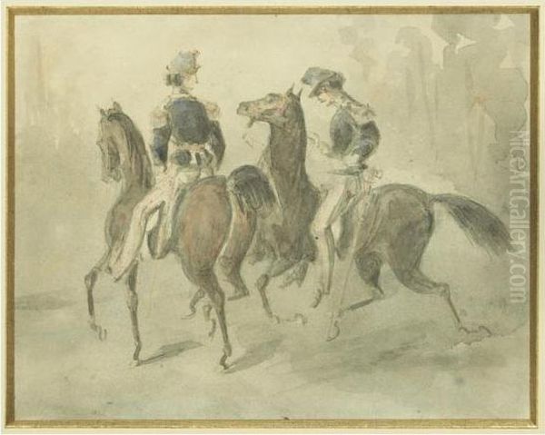 Militaires A Cheval Oil Painting by Constantin Guys