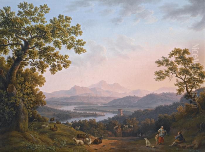 A View Along The Valley Of The 
River Tiber Towards Poggio Mirteto, And Beyond The Sabine Mountains Lit 
Up By The Evening Sun Oil Painting by Jacob Philipp Hackert