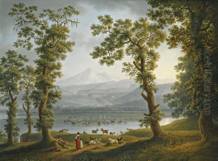A View Across The Volturno River
 Towards Alife, Piedimonte Matese, And The Matese Mountains Rising 
Beyond Oil Painting by Jacob Philipp Hackert