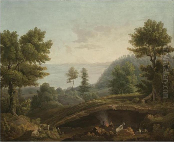 A Coastal Landscape, Probably 
Near Naples, With Herdsmen And Their Goats Around A Fire Near A Grotto Oil Painting by Jacob Philipp Hackert
