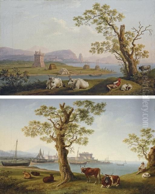A Coastal Inlet, With Cattle In 
The Foreground And Fishing Boats And A Town Beyond; And The Harbour Of 
Terracina With Cattle In The Foreground, A Fortified Tower In The Middle
 Ground And Monte Sant'angelo With Pisco Montano Beyond Oil Painting by Jacob Philipp Hackert