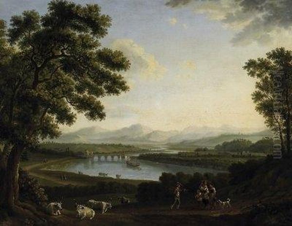 View On The Tiberdale And The 
Milvian Bridge In Rome. Oil On Canvas. Relined. 53 X 68,5cm. Framed. Oil Painting by Jacob Philipp Hackert