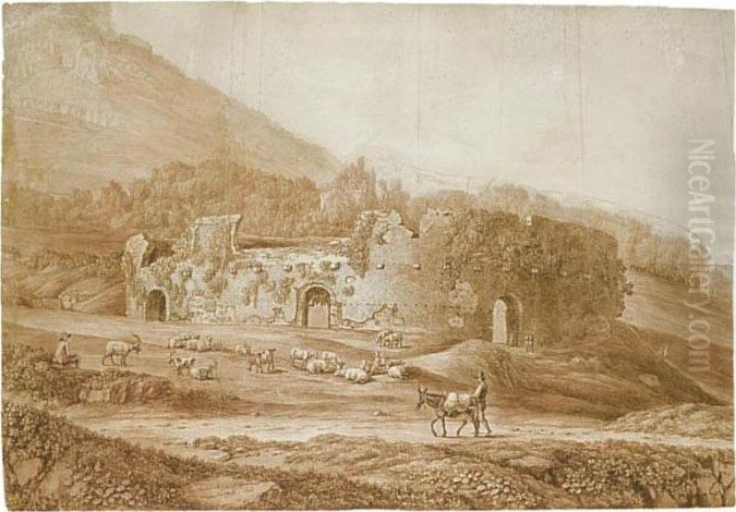 Study Of The Ruins Of An 
Amphitheatre In The Countryside, With Sheep And Goats Grazing Nearby Oil Painting by Jacob Philipp Hackert