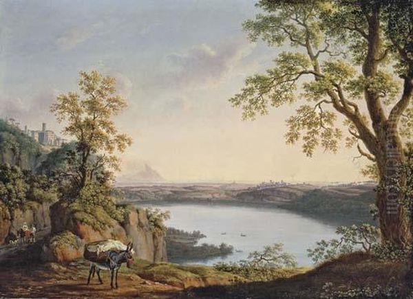 Lake Nemi From The North, With 
The Town Of Nemi And The Town Of Genzano Beyond, With A Donkey And 
Travellers On A Path In The Foreground Oil Painting by Jacob Philipp Hackert