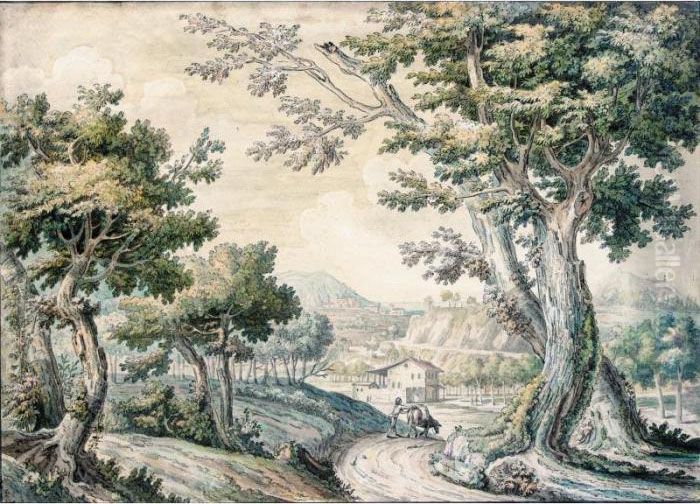 A Bosky Landscape With A Traveller And His Mule On A Road Oil Painting by Jacob Philipp Hackert