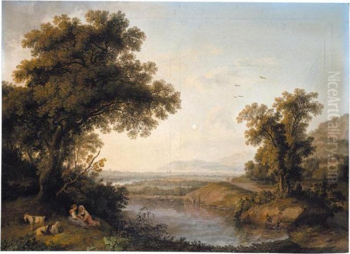 An Italianate Landscape With 
Shepherdesses Resting Beside A Pond, A Bay In The Distance Beyond Oil Painting by Jacob Philipp Hackert