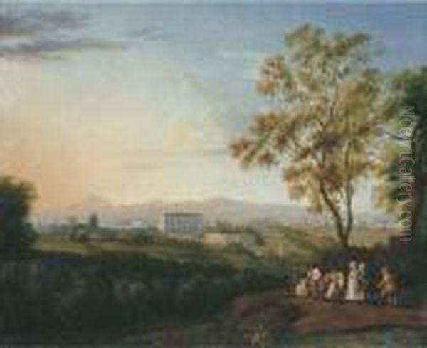 A View Of The Villa Albani, 
Rome, From The Patrizi Villa, Withpeasants, And An Elegant Couple In The
 Foreground Oil Painting by Jacob Philipp Hackert