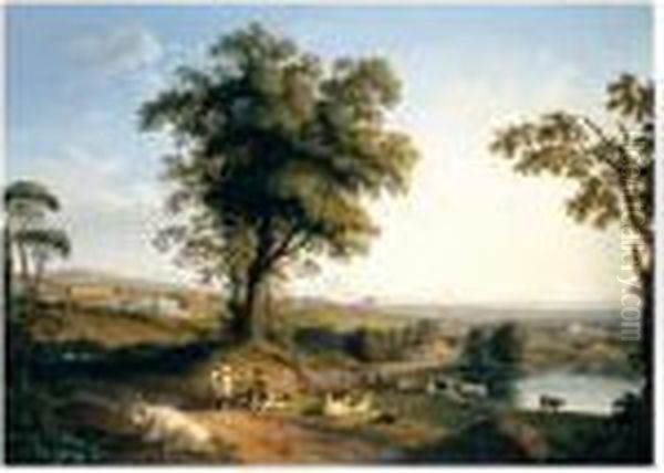A Panoramic Landscape In The 
Roman Campagna With A Distant Prospect Of The Villa Albani Near Rome, 
Peasants With Goats And Cattle Beneath A Great Tree In The Foreground. Oil Painting by Jacob Philipp Hackert