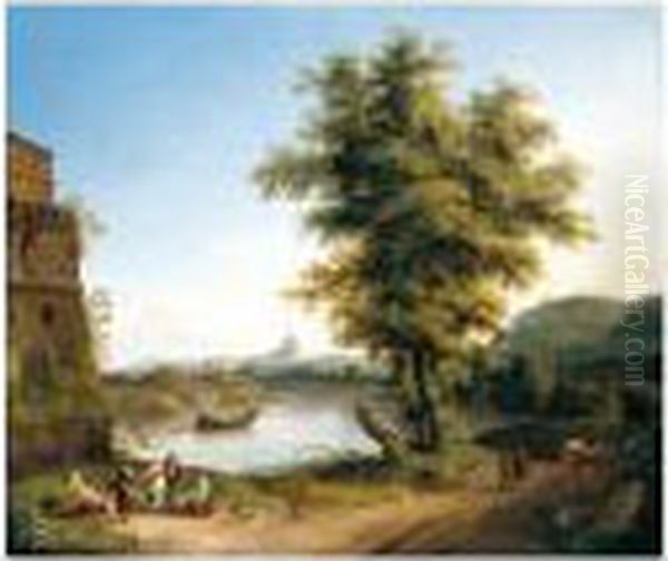 Rome, A Distant View Of Saint 
Peter's Basilica And The Vatican Seen From North Of The City On The West
 Bank Of The Tiber, Next To The Milvian Bridge Oil Painting by Jacob Philipp Hackert