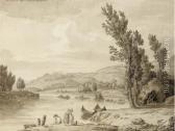 View Of The River Po From The 
Church Of The Madonna Del Pillone Near Turin, The Basilica Of Superga In
 The Background Oil Painting by Jacob Philipp Hackert