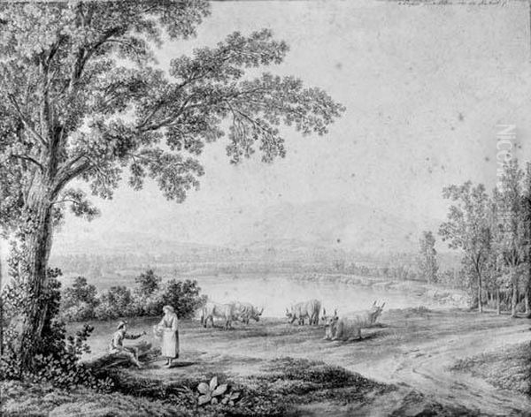 A View Of The Lake At Persano, 
Near Paestum, With Shepherds Andcattle In The Foreground; And A View Of 
Lake Agnano Oil Painting by Jacob Philipp Hackert