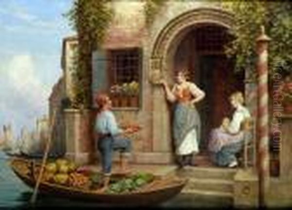 Fresh Today, The Water Grocer 
Sells To The Ladies On Their Steps, The Doges Palace Beyond Oil Painting by Arthur Trevor Haddon