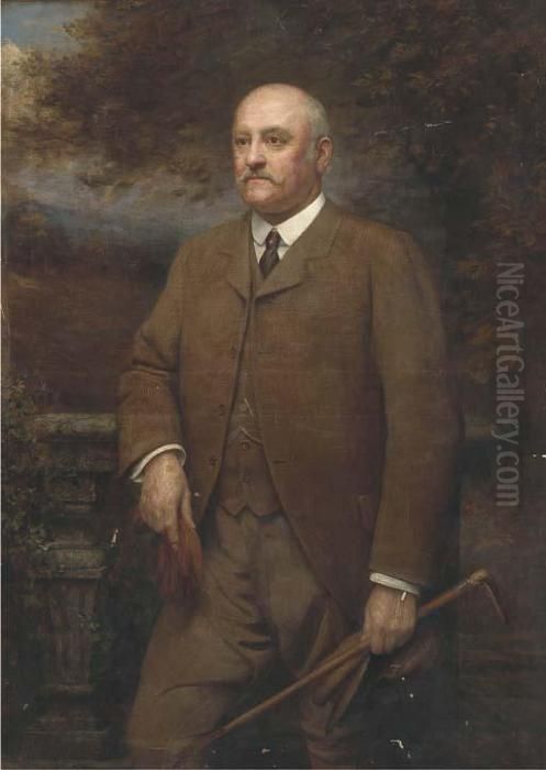 Portrait Of A Gentleman, 
Standing Three-quarter-length, In A Browntweed Suit, Holding A Crop, Cap
 And Gloves, A Landscapebeyond Oil Painting by Arthur Trevor Haddon